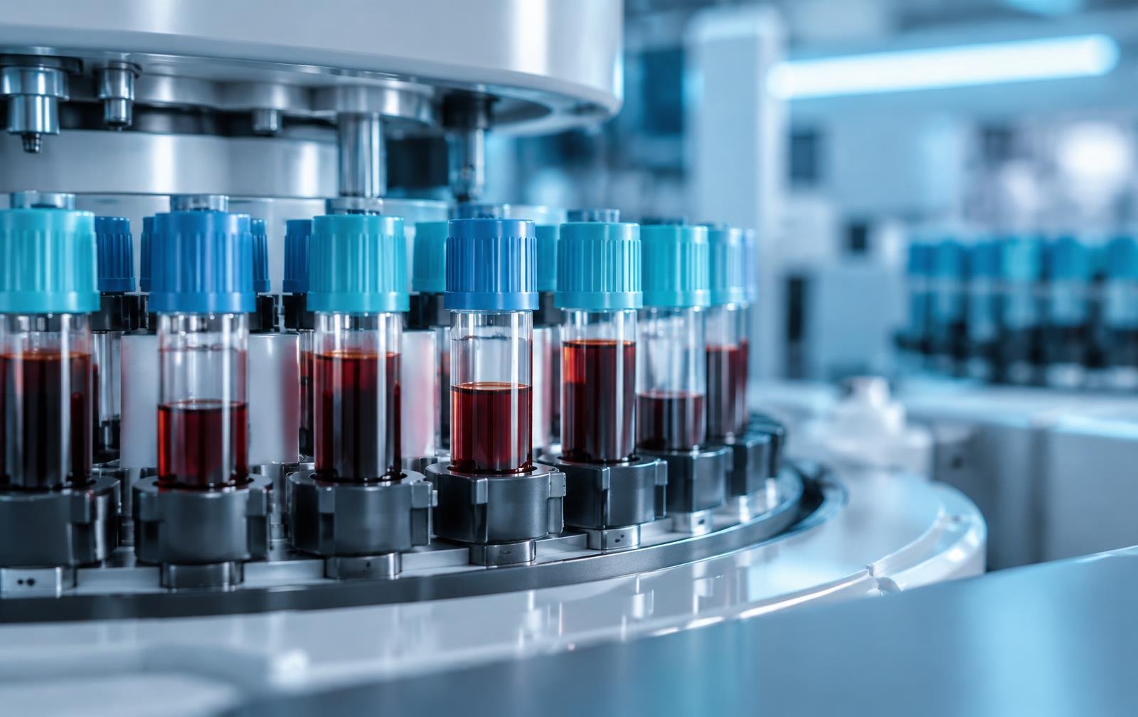 Amostras de sangue em processamento automatizado