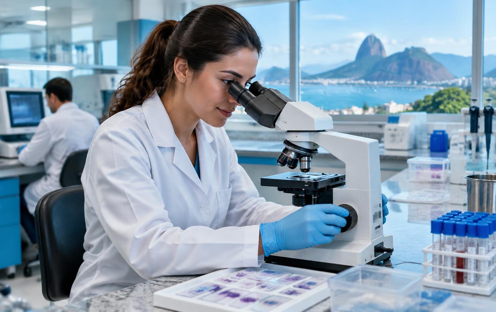 Profissional do laboratório realizando análise microscópica
